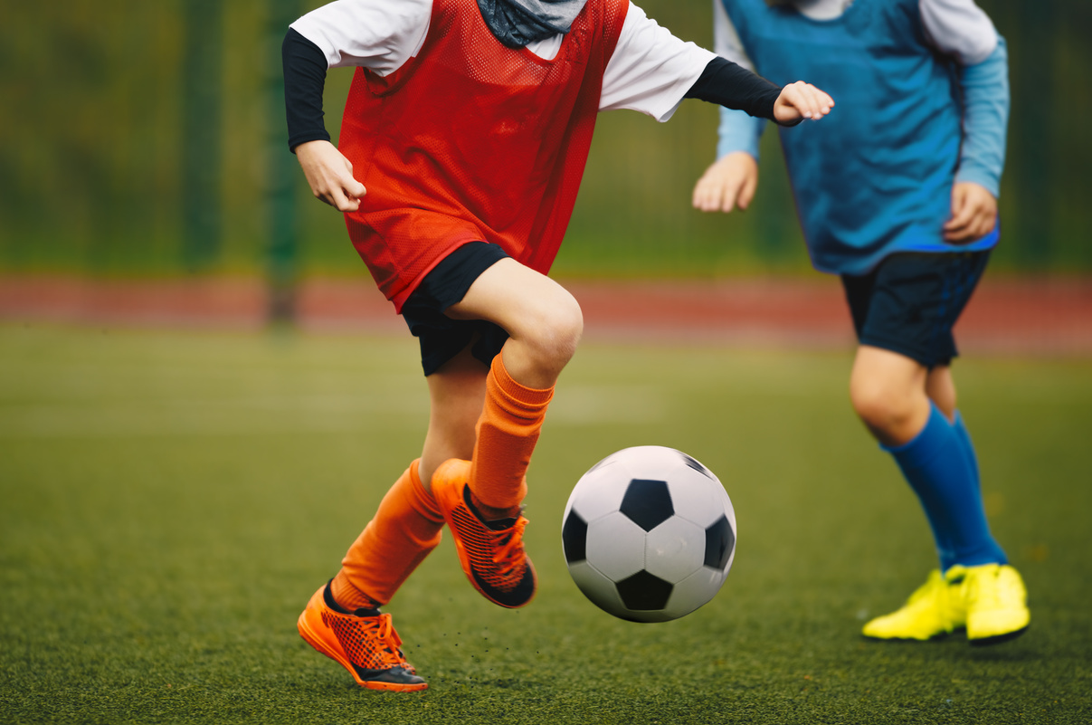 Junior Youth Soccer Team Compete on Grass Pitch. Soccer Summer S